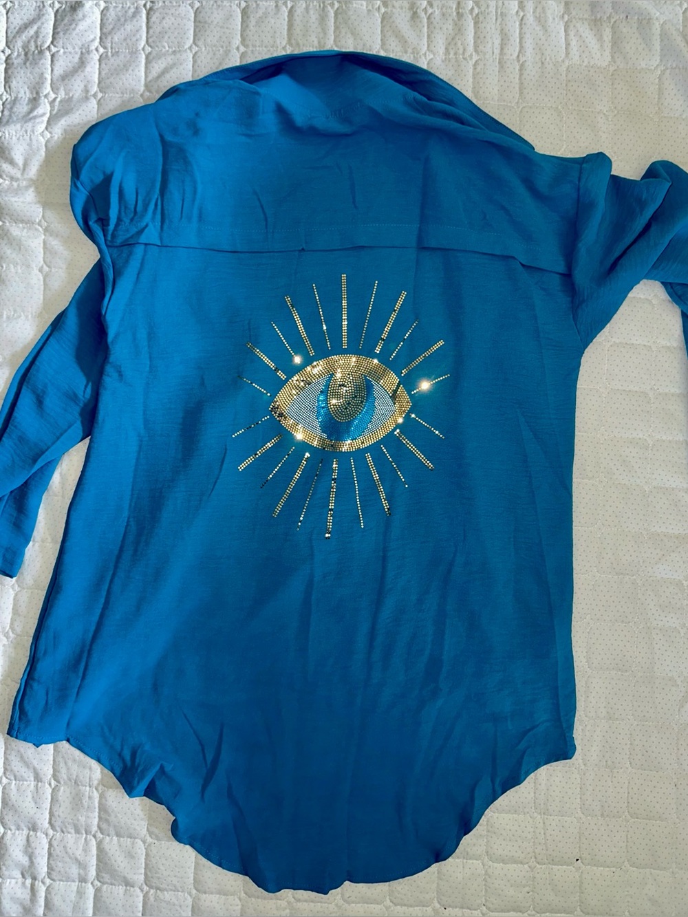 NWOT Evil eye teal button down blouse